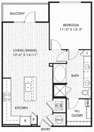 The Romo. 1 bedroom apartment. Kitchen with bartop open to living/dinning rooms. 1 full bathroom double vanity. Walk-in closet. Patio/balcony.