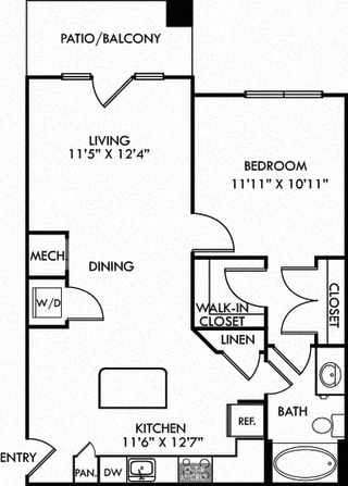 Stone. 1 bedroom apartment. Kitchen with island open to living/dinning rooms. 1 full bathroom. Walk-in closet. Patio/balcony.