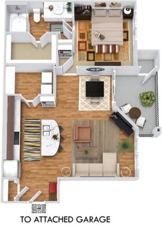 Longhorn with Attached Garage 3D. 1 bedroom apartment. Kitchen with island open to living/dinning rooms. 1 full bathroom. Walk-in closet. Patio/balcony.