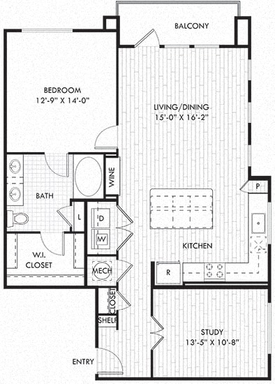 The Lilly + study. 1 bedroom apartment with study room. Kitchen with bartop open to living/dinning rooms. 1 full bathroom double vanity. Walk-in closet. Patio/balcony.