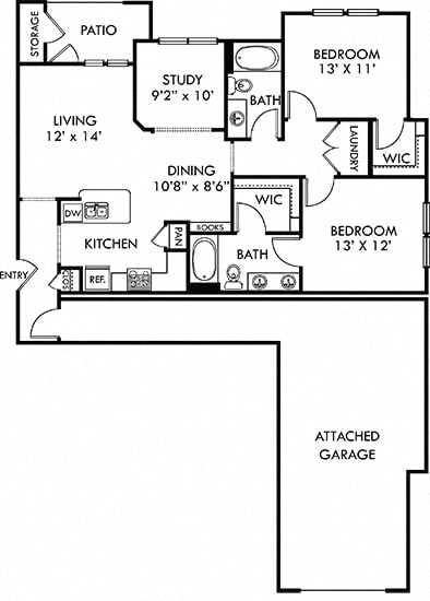 Brazos with Attached Garage. 2 bedroom apartment + study room. Kitchen with bartop open to living/dinning rooms. 2 full bathrooms, double vanity in master. Walk-in closets. Patio/balcony.