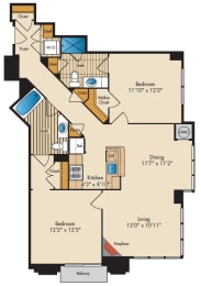 2 Bedroom 2A Floor Plan at Highland Park at Columbia Heights Metro, Washington, 20010