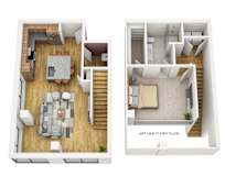 A floor plan for a one bedroom apartment with a living room and kitchen on the first floor and a bedroom on the second floor.