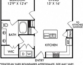 Encanto with Attached Garage + Fenced-in Yard. 1 bedroom apartment. Kitchen with island open to living room. 1 full bathroom, double vanity. Walk-in closet. Patio/balcony open to yard.