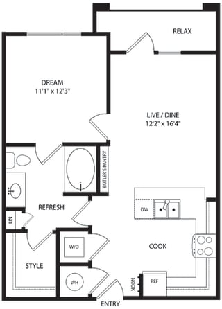 1 Bedroom 1 Bath Floorplan. U-shaped kitchen with a peninsula island sink. Hooks at Entry, Butlers pantry leading to Living/Dining area. Bathroom with linen and walk-in closet. stackable W/D.