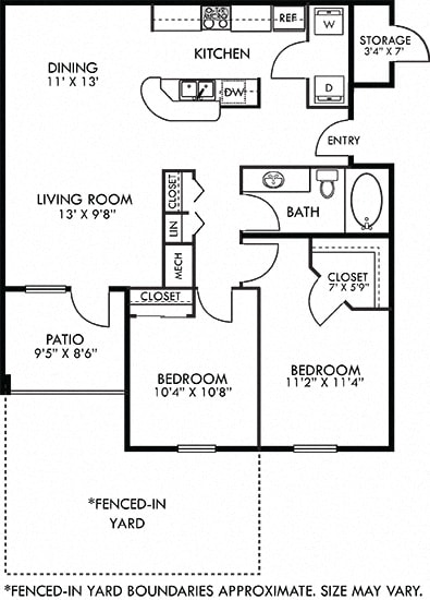 Salamanca with Fenced-in Yard. 2 bedroom apartment. Kitchen with bartop open to living room. 1 full bathroom. Walk-in closet in master. Patio/balcony open to yard. External storage.