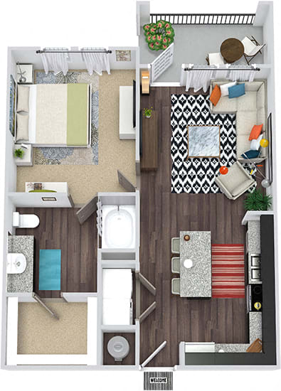 The Zilker 3D. 1 bedroom apartment. Kitchen with island open to living room. 1 full bathroom. Walk-in closet. Patio/balcony.