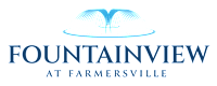 A logo with a blue and black color scheme for Fountainview at Farmersville.