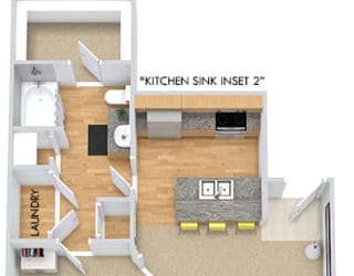Barclay 3D. 1 bedroom apartment. Kitchen with bartop open to living/dinning rooms. 1 full bathroom. Walk-in closet. Patio/balcony.