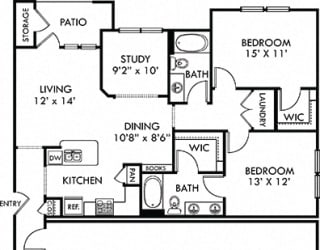 Leon with Attached Garage. 2 bedroom apartment + study room. Kitchen with bartop open to living/dinning rooms. 2 full bathrooms, double vanity in master. Walk-in closets. Patio/balcony.