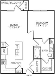 One Bedroom, 1 Bath Holly Floorplan. Lshaped kitchen with island sink and pantry, Linen closet, walk-in closet, patio/balcony, storage,