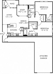 Leon with Attached Garage. 2 bedroom apartment + study room. Kitchen with bartop open to living/dinning rooms. 2 full bathrooms, double vanity in master. Walk-in closets. Patio/balcony.