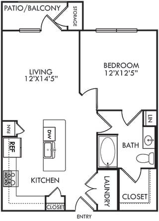 One Bedroom, 1 Bath Holly Floorplan. Lshaped kitchen with island sink and pantry, Linen closet, walk-in closet, patio/balcony, storage,