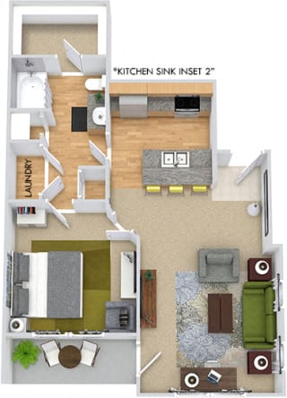 Barclay 3D. 1 bedroom apartment. Kitchen with bartop open to living/dinning rooms. 1 full bathroom. Walk-in closet. Patio/balcony.