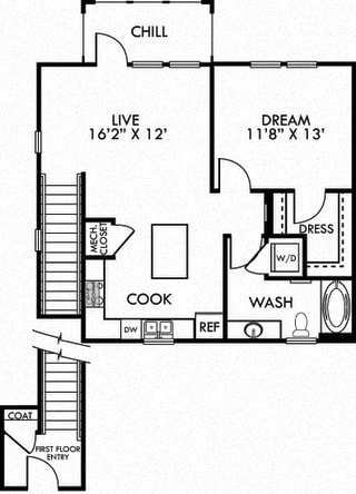The Scholz. 1 bedroom apartment. 1st floor entry. Kitchen with island open to living room. 1 full bathroom. Walk-in closet. Patio/balcony.