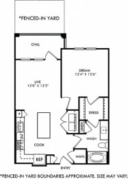 The Oatts with Fenced-in Yard. 1 bedroom apartment. Kitchen with island open to living room. 1 full bathroom. Walk-in closet. Patio/balcony open to yard.