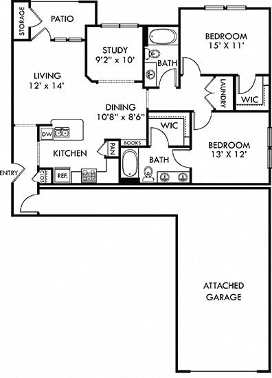 Leon with Attached Garage. 2 bedroom apartment + study room. Kitchen with bartop open to living/dinning rooms. 2 full bathrooms, double vanity in master. Walk-in closets. Patio/balcony.
