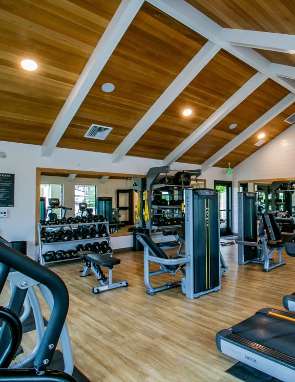 a gym with cardio equipment and weights on a wooden floor