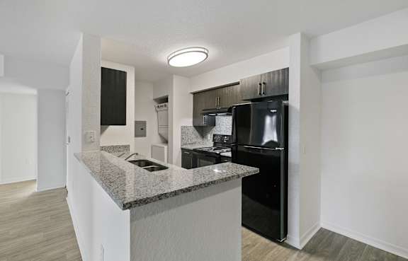 A kitchen with a granite countertop and stainless steel appliances.