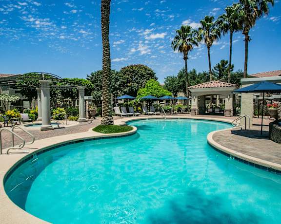 a large swimming pool with palm trees and umbrellas