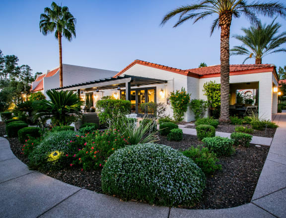 the exterior of a restaurant with palm trees and landscaping