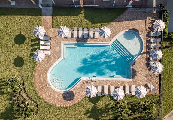 An aerial view of a swimming pool surrounded by lawn chairs and palm trees.
