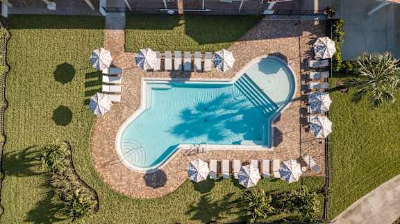An aerial view of a swimming pool surrounded by lawn chairs and palm trees.
