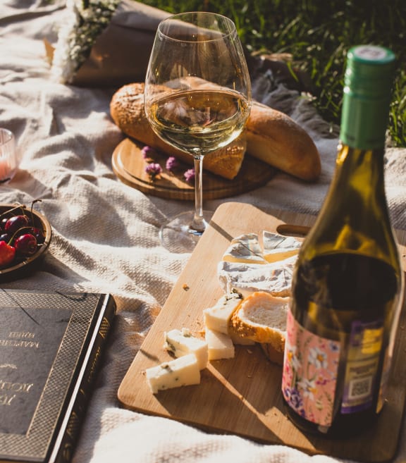 a picnic with cheese bread and wine on a blanket