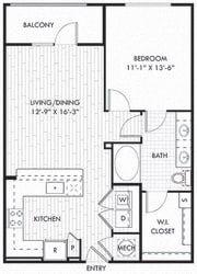 The Irvin. 1 bedroom apartment. Kitchen with bartop open to living/dinning rooms. 1 full bathroom double vanity. Walk-in closet. Patio/balcony.