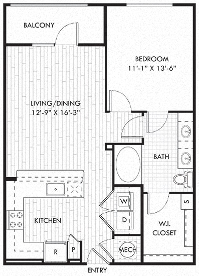 The Irvin. 1 bedroom apartment. Kitchen with bartop open to living/dinning rooms. 1 full bathroom double vanity. Walk-in closet. Patio/balcony.