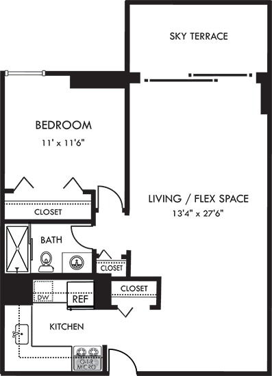 Landmark 1 bedroom apartment floorplan with kitchen, entry closet, dining area, living room, 1 bathroom with standalone shower and hallway linen closet, and balcony