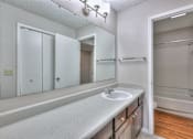 Thumbnail 11 of 28 - A bathroom with a sink, mirror, and shower at Landmark at Lyncrest Reserve Apartments, Nashville, TN, 37209