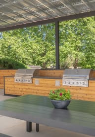 an outdoor kitchen with two bbq grills and a table with a potted plant