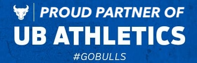 A blue banner with white text that reads "PROUD PARTNER OF UB ATHLETICS" and a hashtag "#GOBULS".