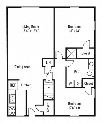 Floor Plan  2 Bedroom, 1 Bath 850 sq. ft.at Willowbrooke Apartments, Brockport, 14420