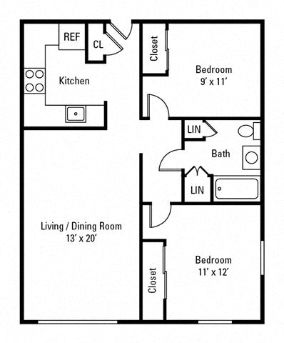 Floor Plan  2 Bedroom, 1 Bath 962 sq. ft. - Riesling I at Centerpointe Apartments, Canandaigua, NY