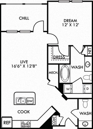 The Ellington. 1 bedroom apartment. Kitchen with island open to living room. 1 full bathroom. Walk-in closet. Patio/balcony.