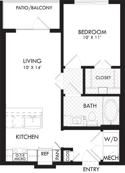 Victory - 1 Bedroom, 1 Bath. Galley Kitchen with Peninsula Bartop.Pantry, Washer/Dryer. Patio/Balcony