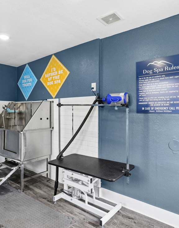 A dog grooming station with a sign that says "Dog Spot Rules".