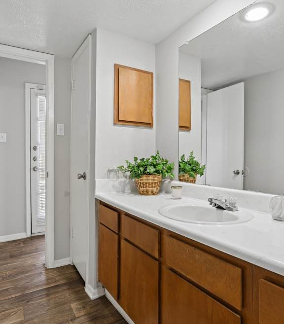 A bathroom with a white counter top and a mirror above it.