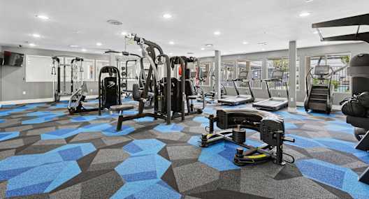 A gym with a variety of equipment including treadmills, weights, and exercise machines.