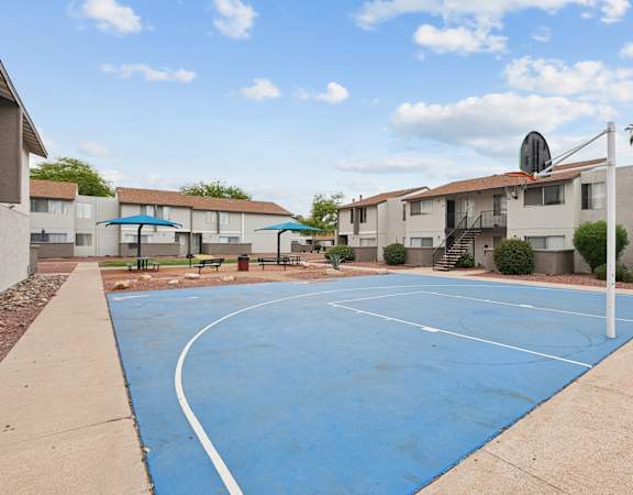 A basketball court in a residential area with houses and palm trees in the background.