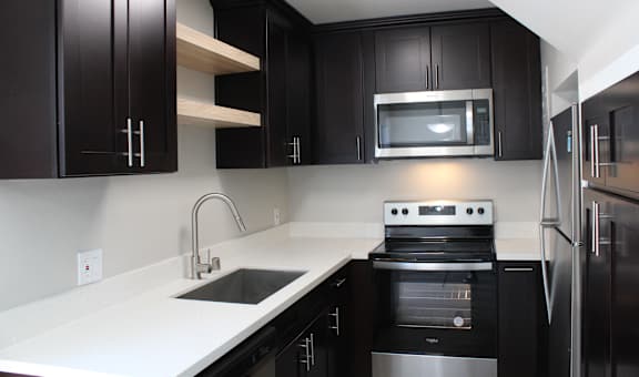 A kitchen with black cabinets and stainless steel appliances.