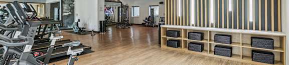 A gym with a row of treadmills and a row of benches. at La Privada, Scottsdale, AZ