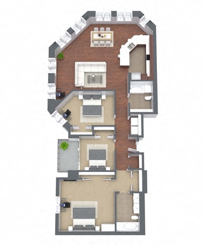 3D – 3 Bedroom 2 Bath Floor Plan Layout – 1764 Square Feet at Nineteen800, Cupertino, 95014