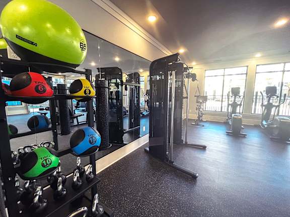 Falls at Meehan's State-of-the-Art Wellness Center, with Medicine Balls, ellipticals, a Peloton bike and a pull-down machine.