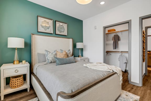 a bedroom with a bed and a closet at Prism at Diamond Ridge, Moon Township, PA, 15108