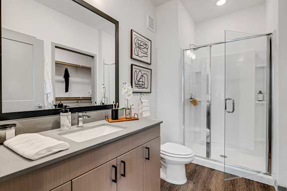 a bathroom with a sink and a shower and a toilet at Prism at Diamond Ridge, Moon Township, PA, 15108