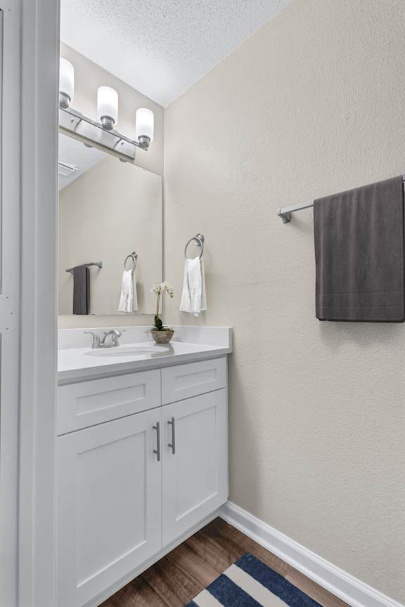 A bathroom with a white sink and a mirror above it.