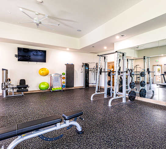 a gym with weights and mirrors on the floor and a wall mounted tv at The Parker Austin, Pflugerville, 78660